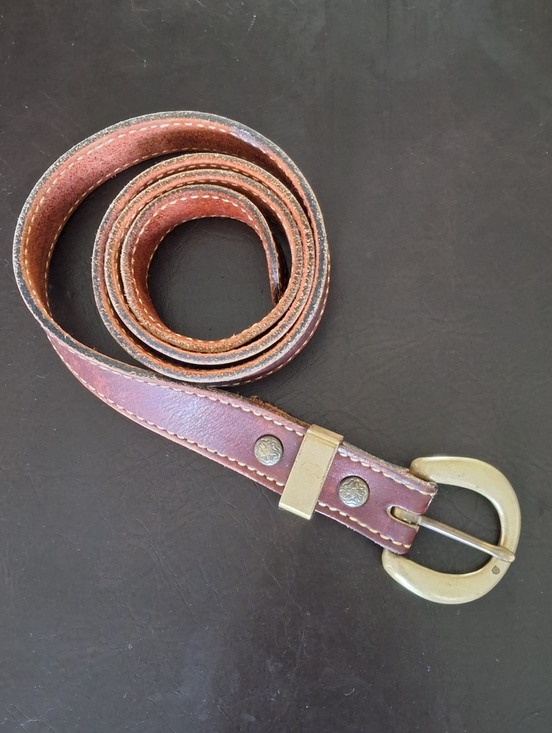 Holland  Vintage 90\' Rare Burgundy Leather Belt, Size 32, Rustic Brass Buckle. main image 6